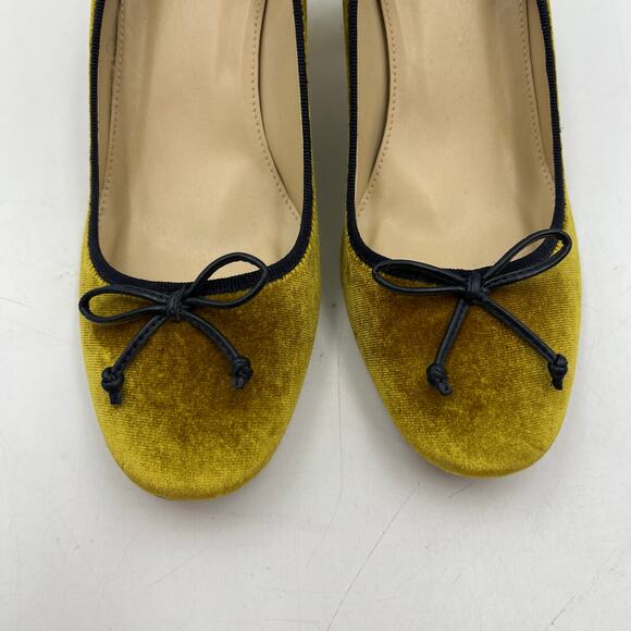J. Crew Mustard Velvet Heels with Navy Bow - Picture 2 of 10